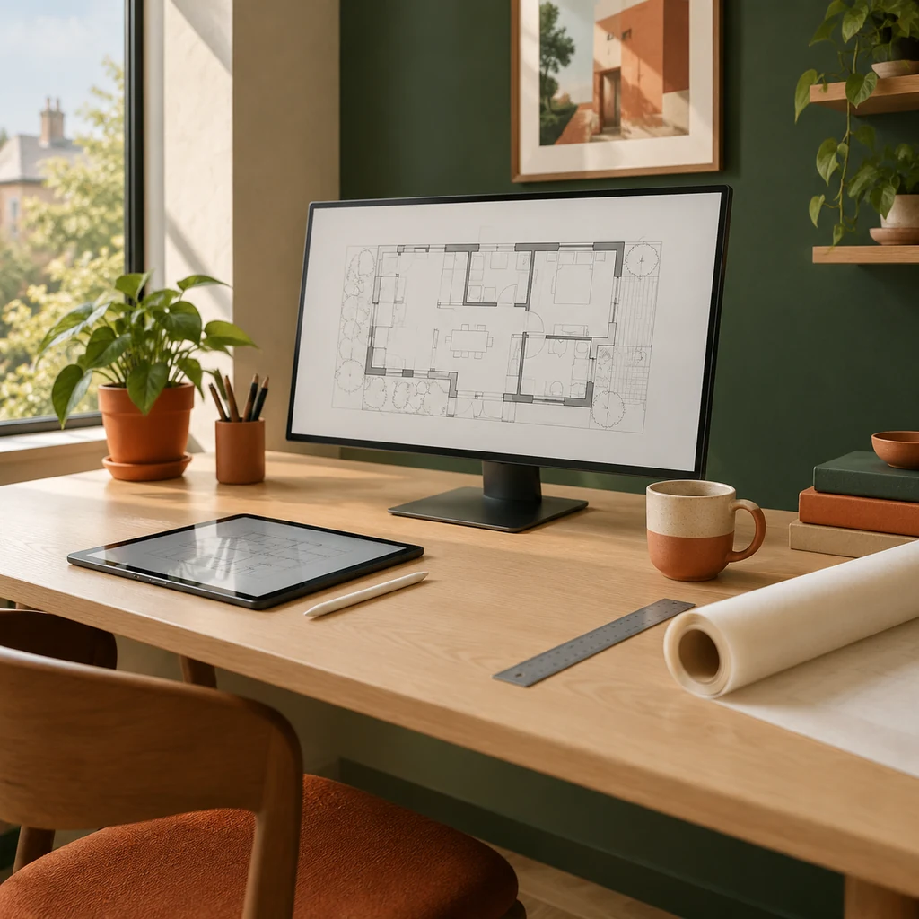 Architect's desk with a floor plan on a monitor, a tablet and a steel ruler
