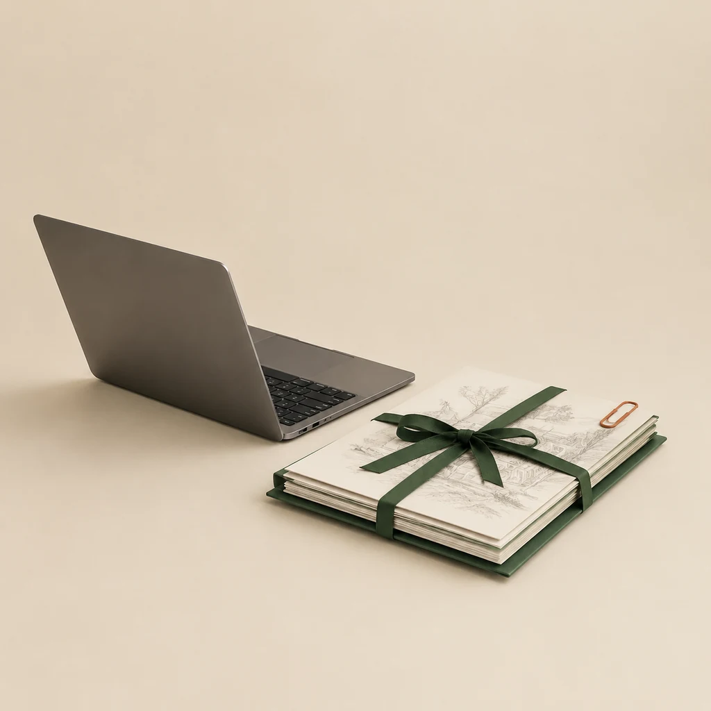 Laptop beside a folder of drawings tied with a green ribbon