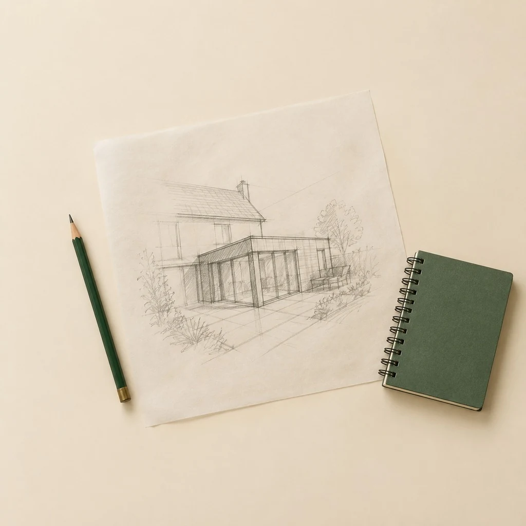 Pencil concept sketch of an extension on tracing paper