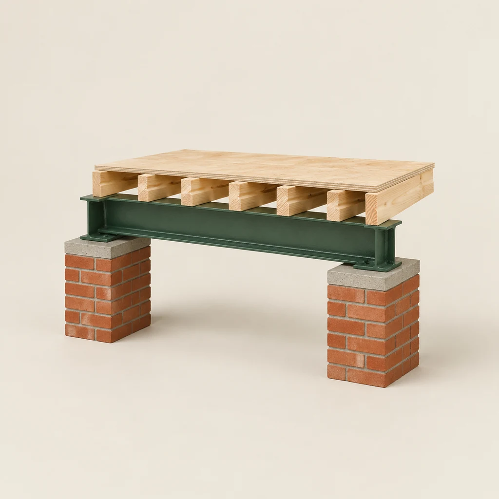 Model section of a steel beam on brick piers with timber joists