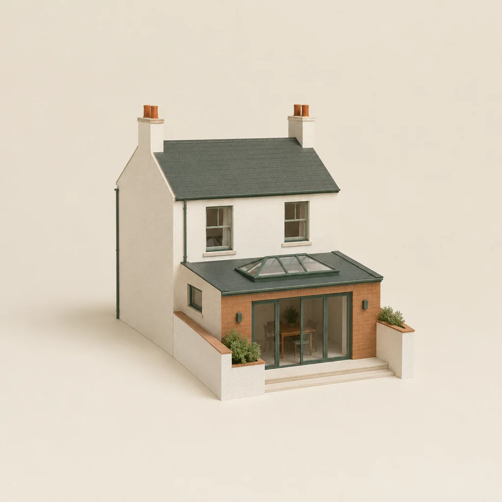 White card model of a terraced house with a rear extension