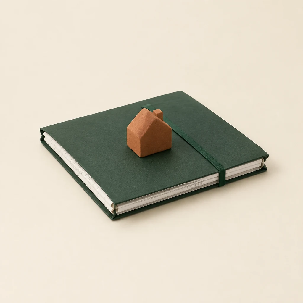 Folder of architectural drawings closed with a green band