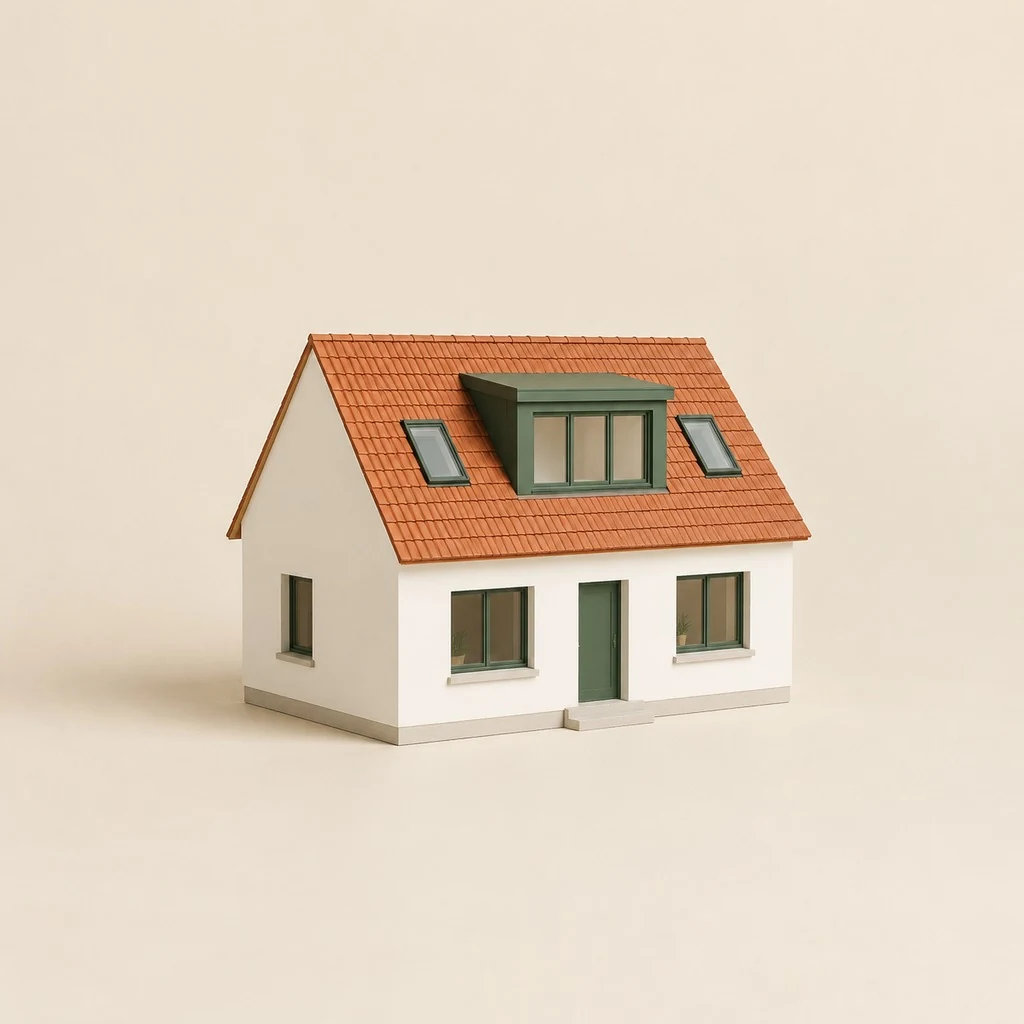 Model of a pitched-roof house with a box dormer and roof windows