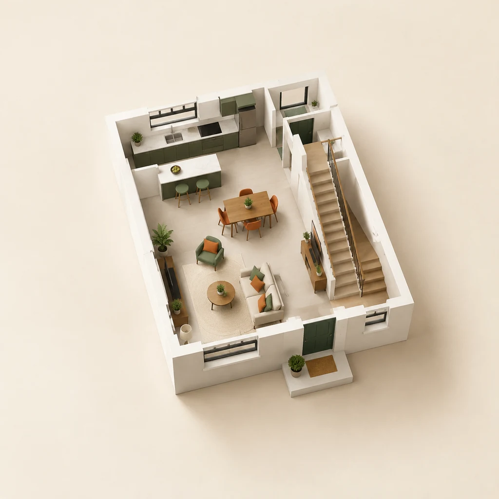 Model of an open-plan ground floor with internal walls removed