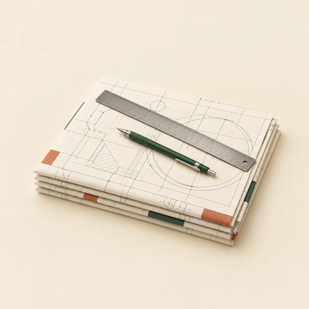 Stack of technical drawing sheets with a steel ruler and pencil