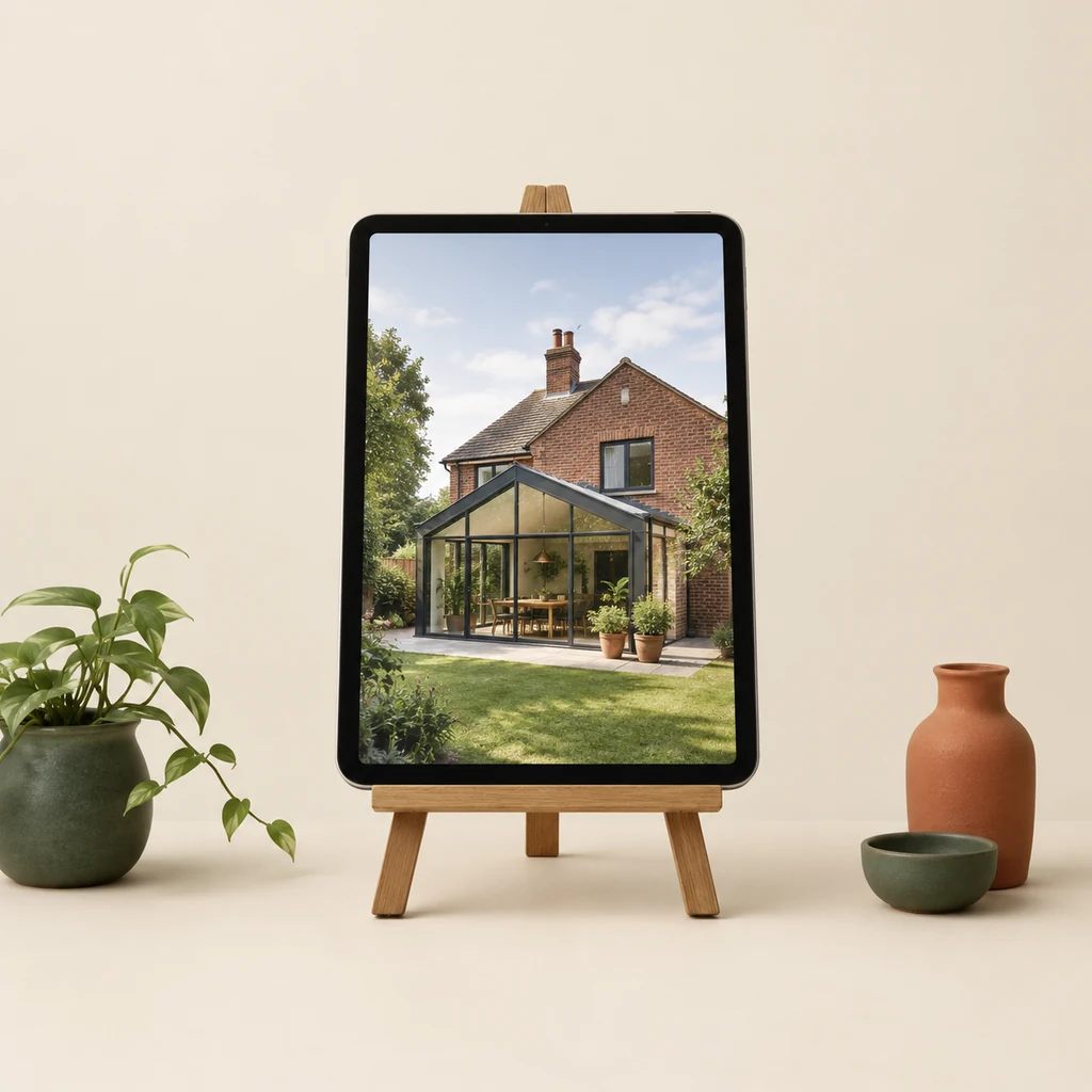 Tablet showing an exterior render of a brick house with a glass extension