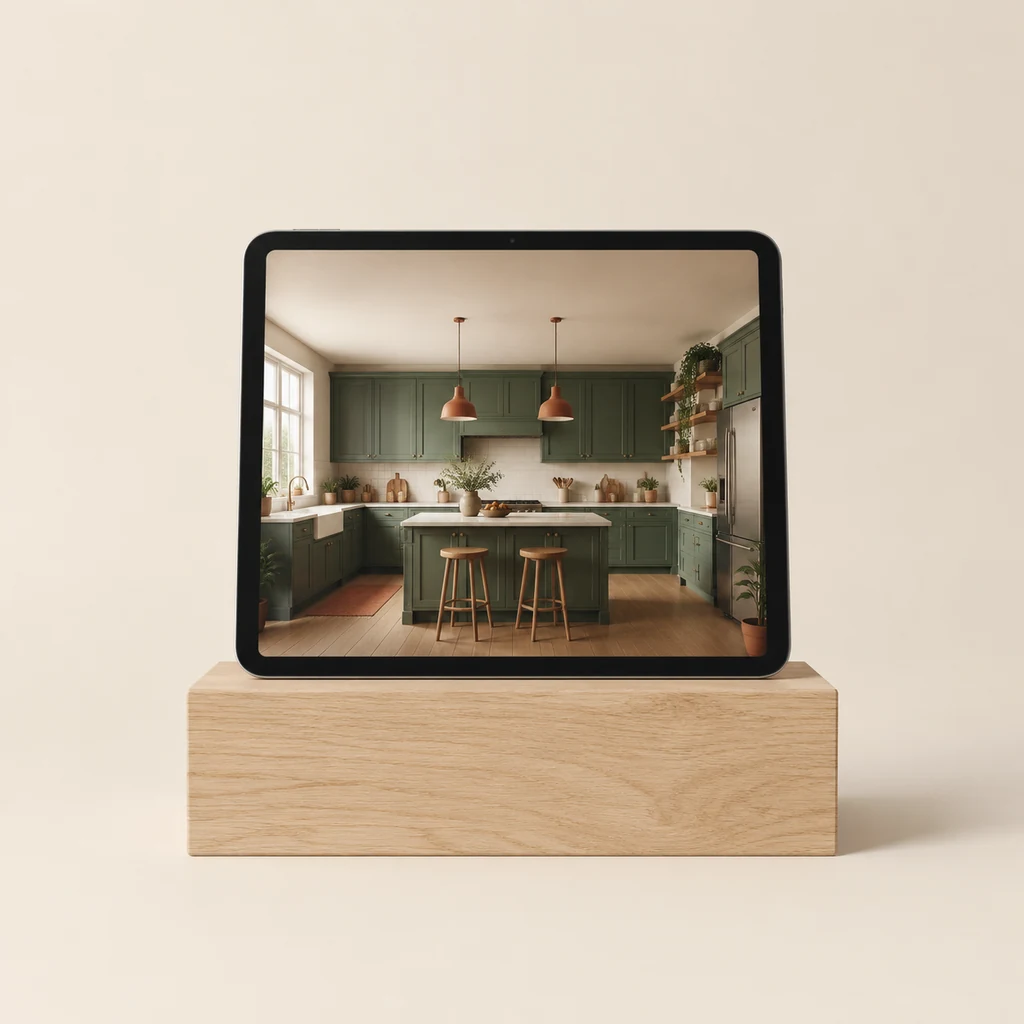 Tablet showing a 3D render of a bright kitchen with green cabinets