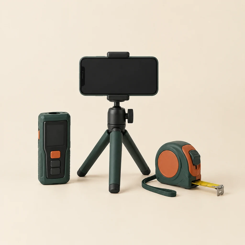 Smartphone on a tripod beside a laser distance measure and tape measure