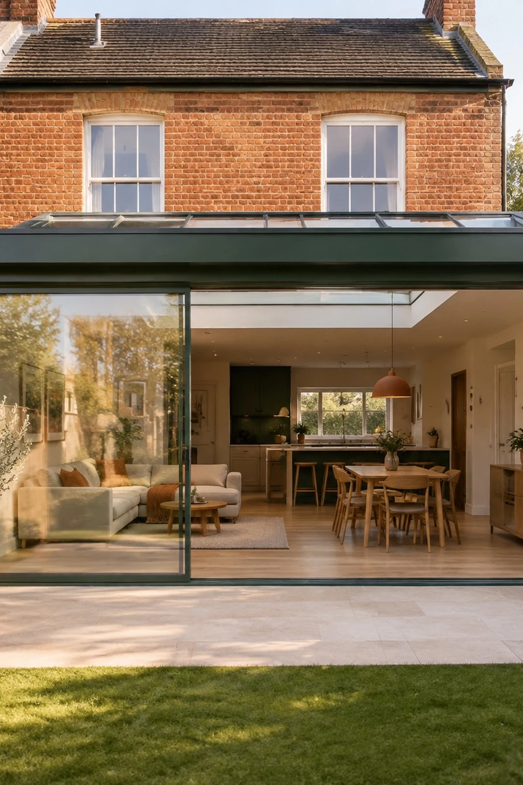 3D render of a bright glazed rear extension on a red-brick Victorian terraced house