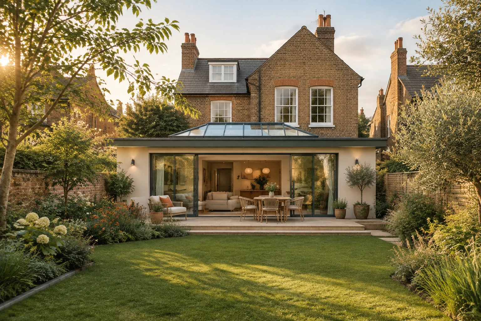 3D render of a modern rear extension with a roof lantern seen from the garden