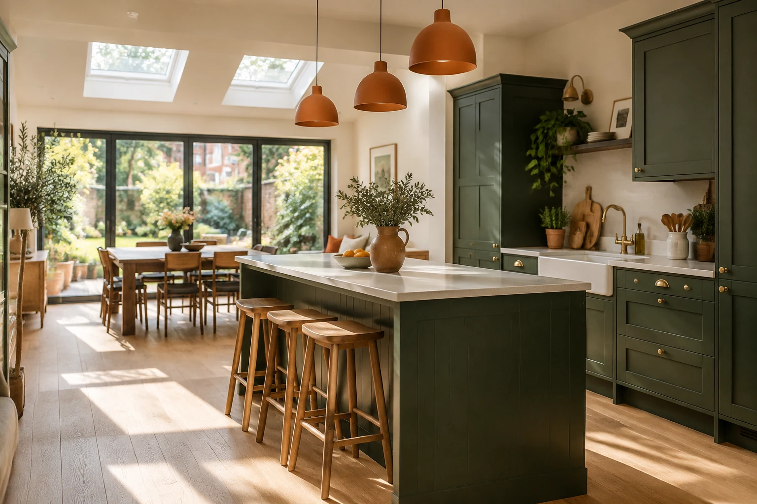 Light-filled kitchen-diner rear extension with green cabinets