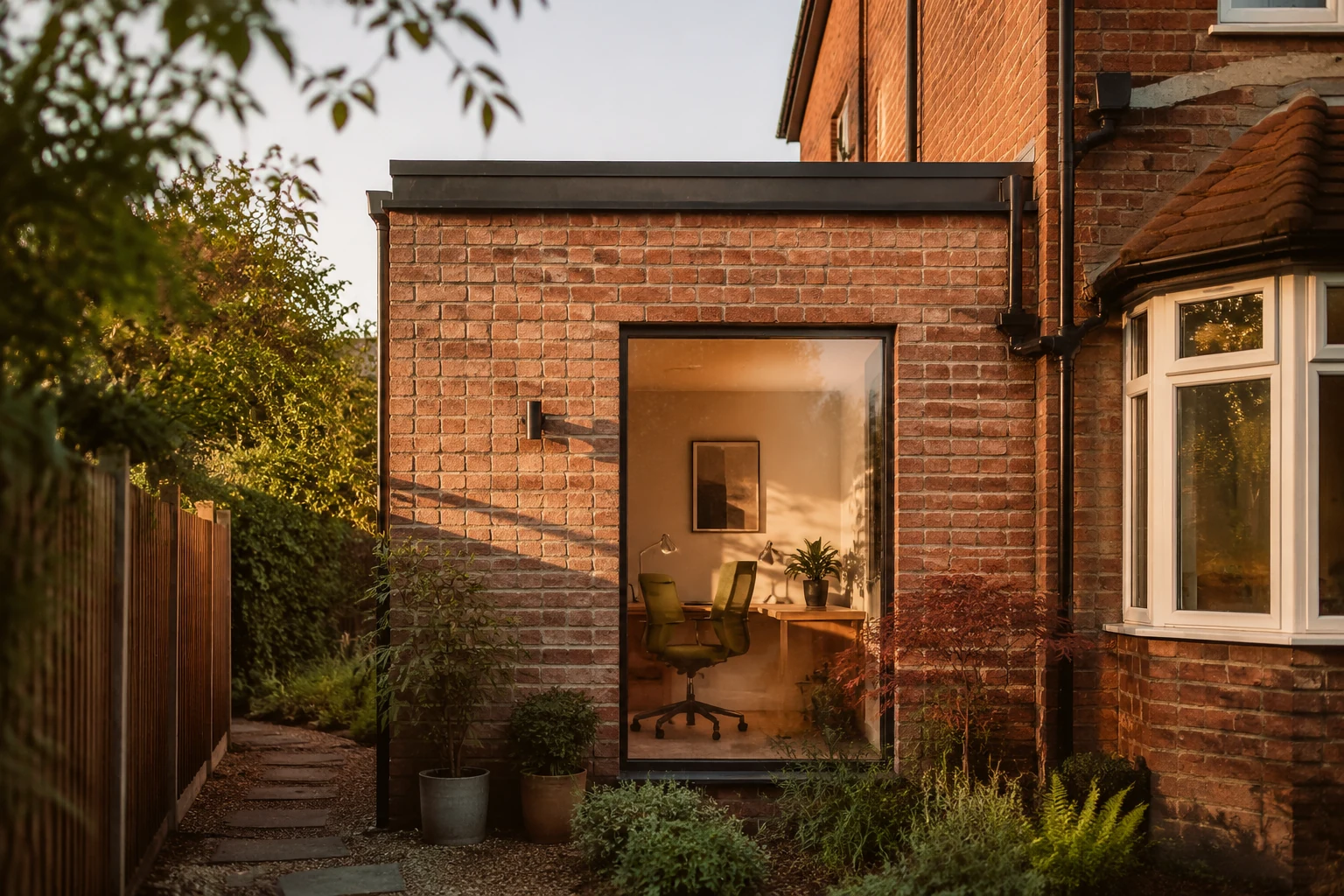 Garage converted into a home office with a tall window