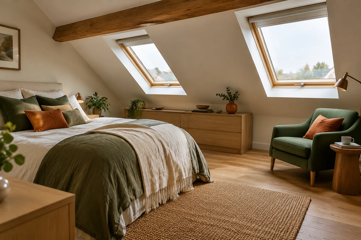 Converted loft bedroom with two roof windows and a timber beam