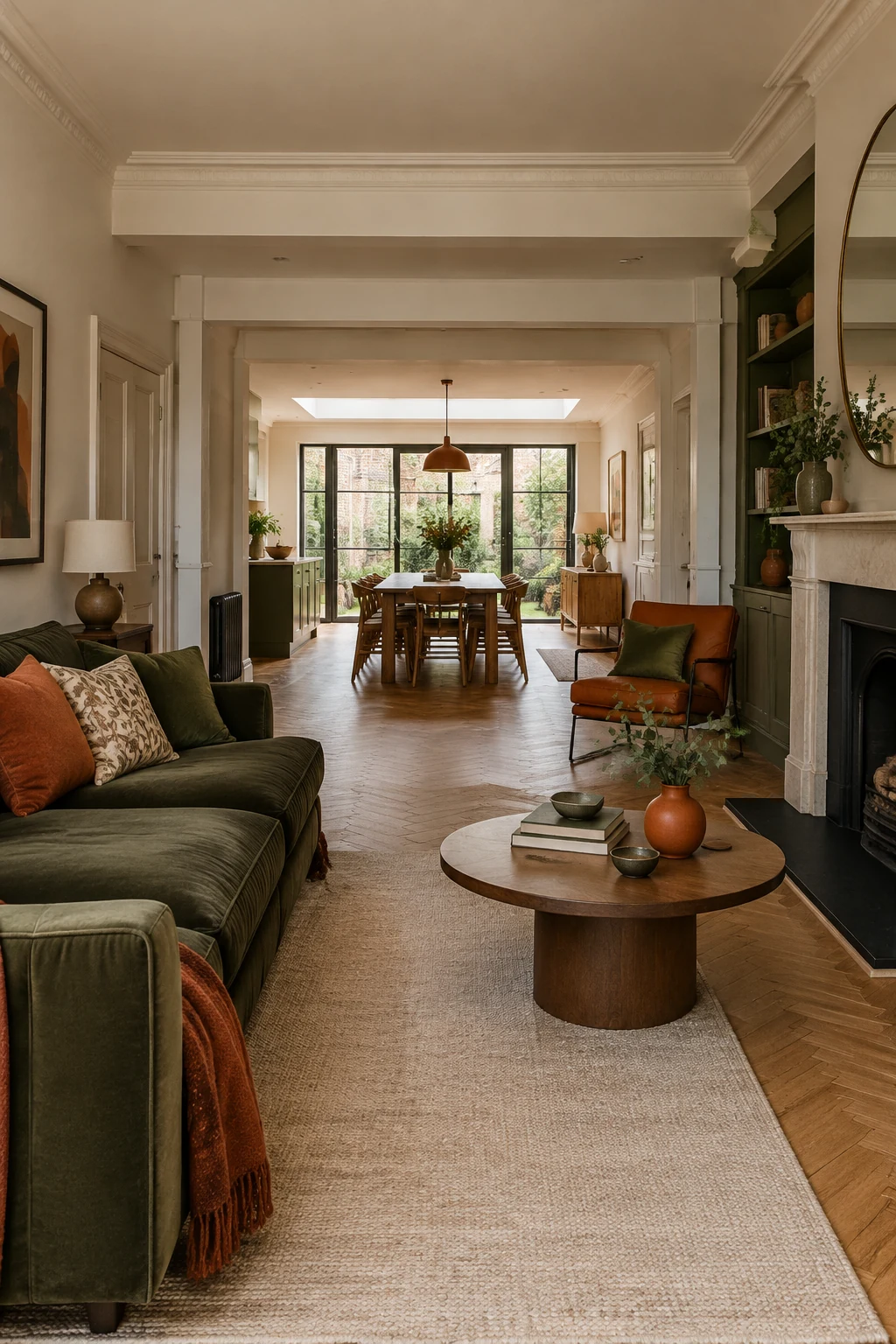 Opened-up ground floor in a period house with herringbone floor