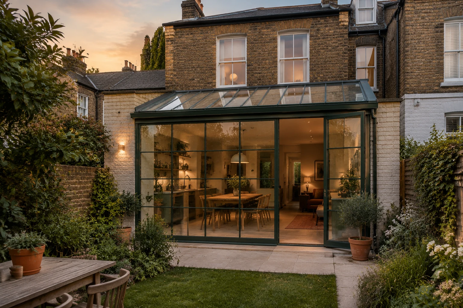 3D visualisation of a glazed side-return extension at dusk
