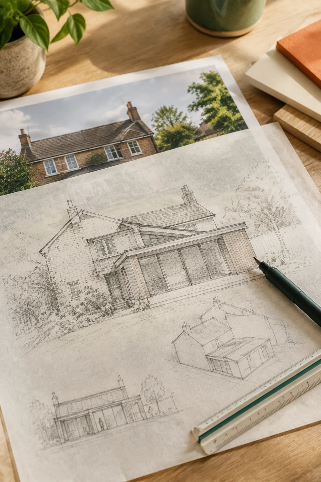 Pencil concept sketches of a house extension on tracing paper