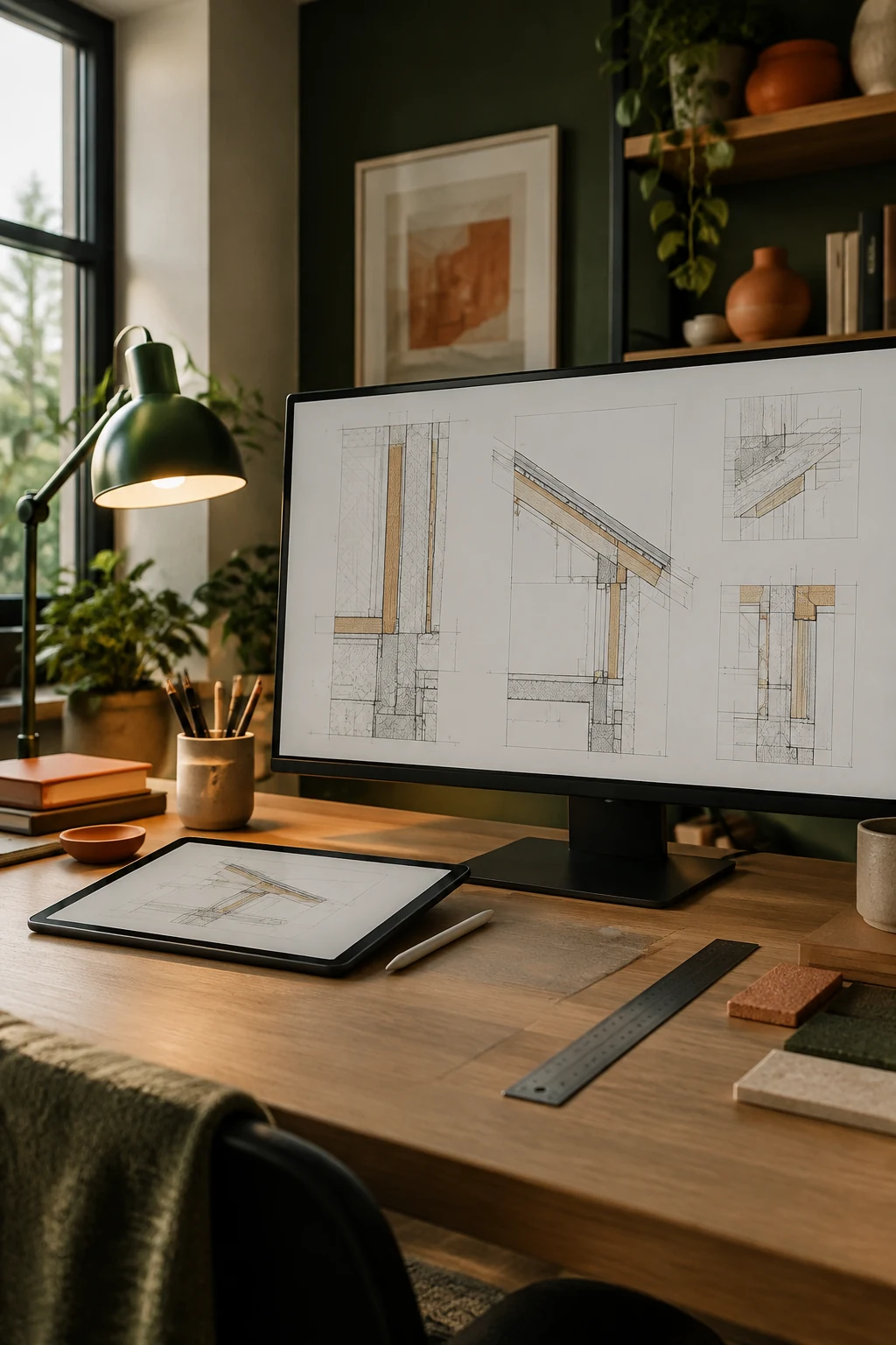 Technical construction drawings on a monitor in a calm studio